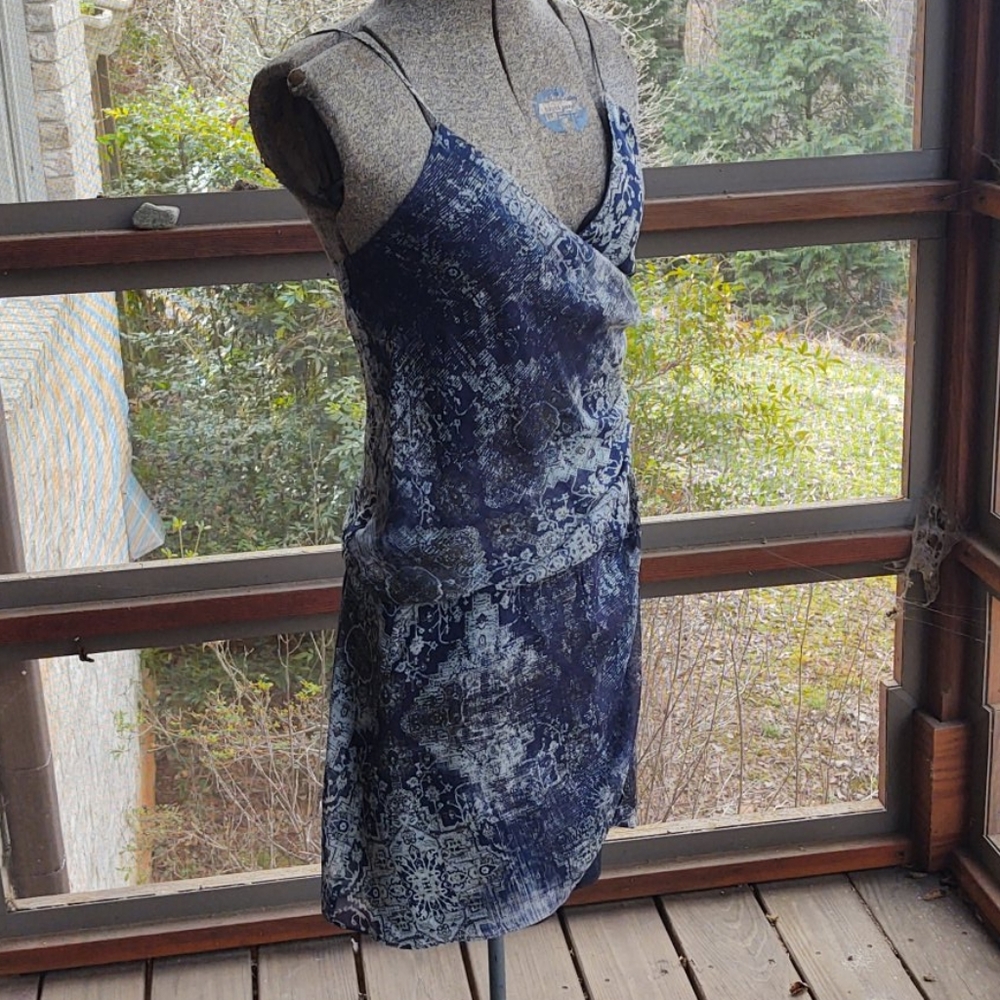 Asymmetrical navy print silk dress